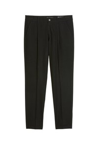 Pantalon noir en tissu doux, présentant un design classique, une coupe droite, deux poches avant et une fermeture à bouton.