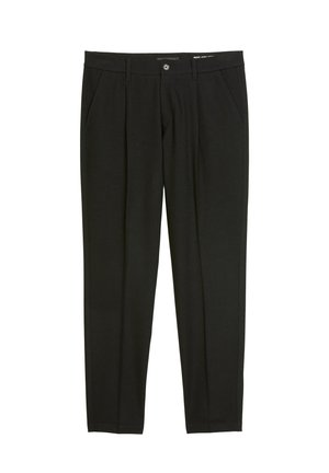 Schwarze Hose aus weichem Stoff, mit klassischem Design, geradem Beinverlauf, zwei vorderen Taschen und Knopfverschluss.