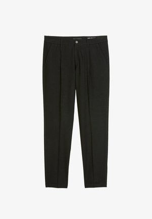 Schwarze Hose aus weichem Stoff, mit klassischem Design, geradem Beinverlauf, zwei vorderen Taschen und Knopfverschluss.