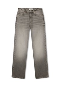 Szare, szerokie dżinsy z wyblakłym wzorem, z pięcioma kieszeniami i zapięciem na guzik. Teksturowany materiał dżinsowy z delikatnymi wariacjami kolorystycznymi.