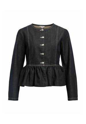 Czarna dżinsowa kurtka z peplum, długimi rękawami, srebrnymi zapięciami na guziki i kontrastowymi białymi szwami. Prosty, strukturalny design.