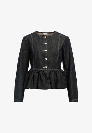 Melnas džinsa jaka ar pepluma apakšmalu, garām piedurknēm, sudraba pogu aizdari un kontrastējošiem baltajiem diegiem. Vienkāršs, strukturēts dizains.