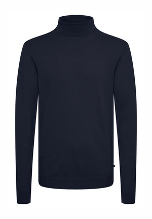 Maglione a collo alto blu navy, realizzato in un tessuto a maglia liscia, con maniche lunghe e un design aderente senza pattern o decorazioni.