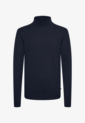 Tumed sinine kõrge kaelusega sviiter, valmistatud siledast kudumist, millel on pikad varrukad ja keha ligi liibuv disain, ilma mustrite ja kaunistusteta.