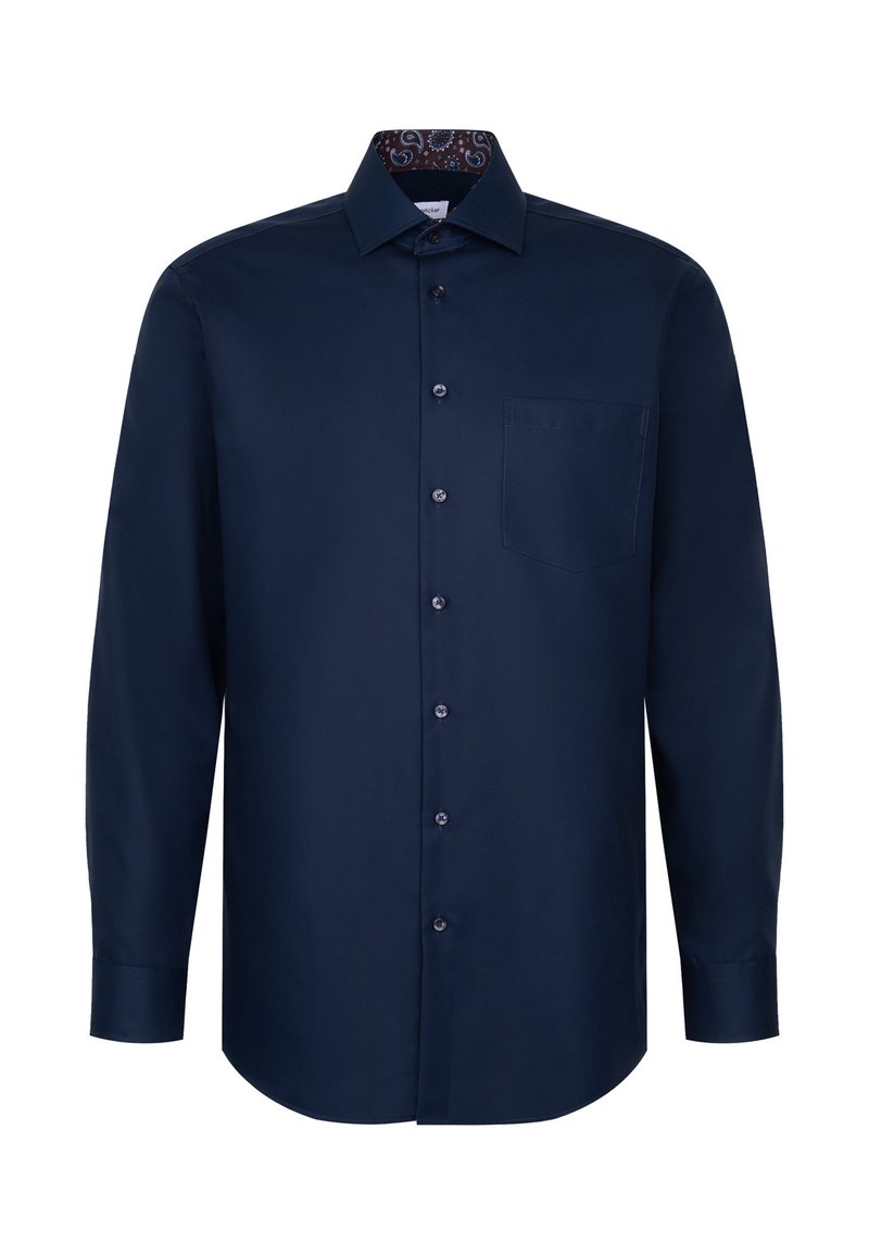 Marineblauw shirt met lange mouwen, een button-down kraag, een enkele borstzak en een patroon aan de binnenkant van de kraag. Glad, effen stofstructuur.