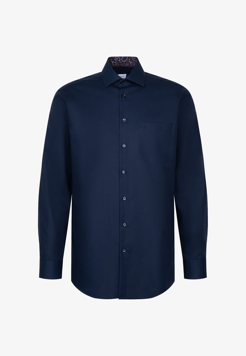 Marineblauw shirt met lange mouwen, een button-down kraag, een enkele borstzak en een patroon aan de binnenkant van de kraag. Glad, effen stofstructuur.