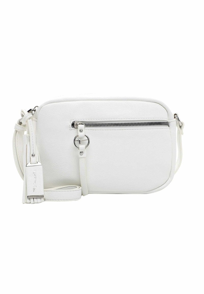 Bílá crossbody taška vyrobená z texturované kůže, s horním zipem, přední zipovou kapsou a nastavitelným popruhem.