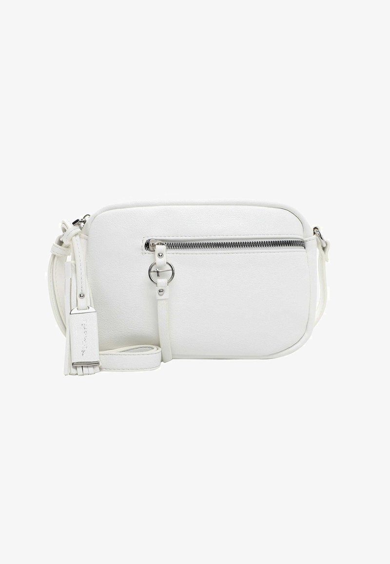 Borsa a tracolla bianca in pelle texturizzata, con chiusura superiore a zip, tasca frontale con zip e tracolla regolabile.