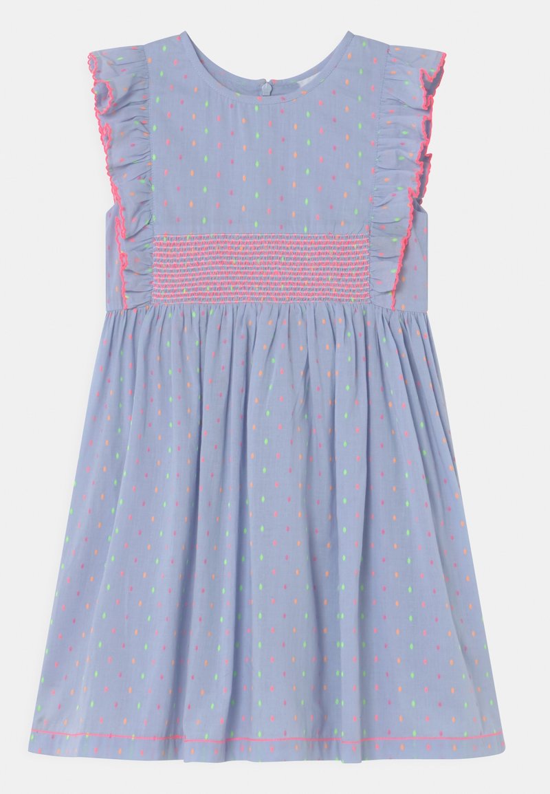 Abito blu chiaro con pois multicolori, spalline arruffate e corpino smockato. Presenta un orlo uniforme e chiusura con bottoni posteriori.