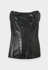 Schwarz ärmelloses Top aus glänzendem Kunstleder mit Krokodilstruktur, das vertikale Nähte und ein strukturiertes Design aufweist.
