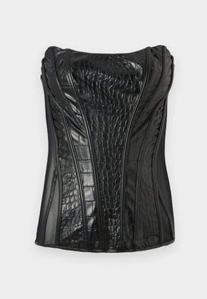 Black sleeveless top made of glossy faux leather with a crocodile texture, featuring vertical seams and a structured design.