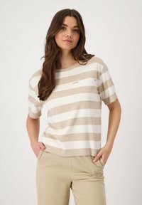 Beige and white striped t-shirt with short sleeves, round neckline, and a small chest pocket. Material appears soft and smooth.