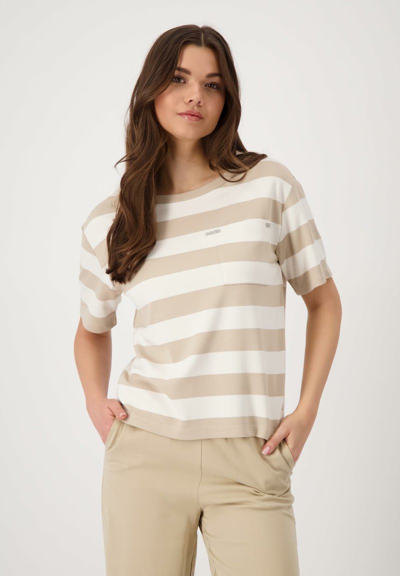 Beige and white striped t-shirt with short sleeves, round neckline, and a small chest pocket. Material appears soft and smooth.