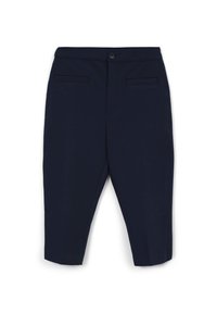 Pantaloni navy cropped con design sartoriale, dotati di tasche anteriori e posteriori, chiusura a bottone e un tessuto dalla texture liscia.