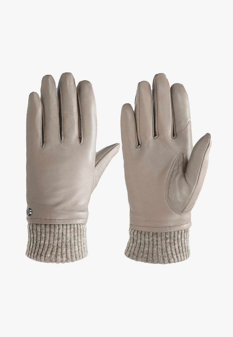 Skórzane rękawice w jasnym kolorze taupe z ściągaczem z dzianiny. Cechy to gładka tekstura i dopasowany krój dla zapewnienia ciepła.