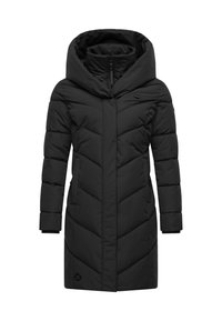 Juoda pūkinė striukė su dideliu gobtuvu, chevron rašto siuvimu, paslėptu užtrauktuku ir priekinių kišenių. Turi ribotas rankogalius ir logotipo detalę.