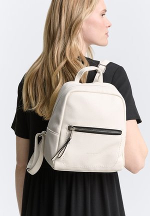 White textured leather backpack with a top handle, adjustable straps, front zipper pocket, and embossed branding.