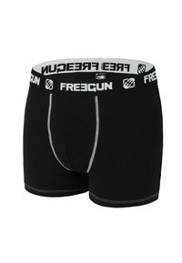 Boxer shorts noirs avec une ceinture en logo blanche, des coutures grises et une coupe ajustée. Le tissu a l'air doux avec une texture lisse.