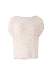 Gestrickter Pullover mit kurzen Ärmeln in Hellrosa und Weiß, mit einem lockeren Schnitt und feinem gesprenkeltem Muster im gesamten Stoff.