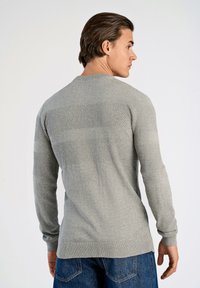 Ljusgrå stickad tröja med texturerade horisontella ränder, rund halsringning och långa ärmar, parat med mörka jeans.