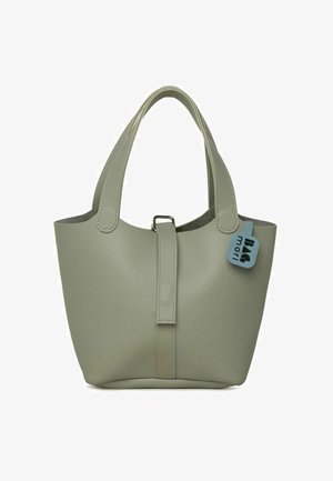 Gray textured leather tote bag with dual handles and a snap closure. Features a blue tag with the brand name for detail.