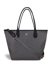 Navy tote bag with a geometric gold pattern, two black straps, and a detachable strap. Made from a textured fabric with leather accents.