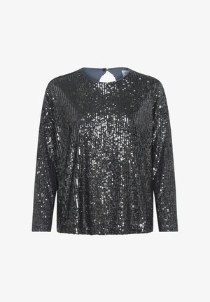 Juodas blizgučių ilgomis rankovėmis viršus su apvaliu iškirpimu ir nugaroje esančiu užsegimu, turintis struktūruotą, blizgantį paviršių ir laisvą siluetą.