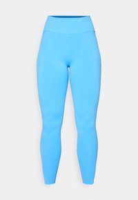 Blue leggings made of stretchy fabric with a high waistband. Smooth texture and form-fitting design, extending to ankle length.