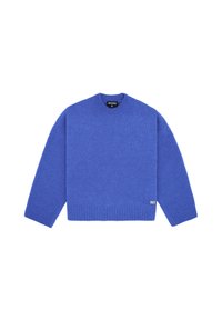 Heller blauer Pullover aus weichem Strickmaterial. Mit Rundhalsausschnitt, überschnittenen Schultern und ribbeligem Saum. Logo-Akzent unten links.