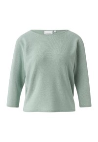 Mintgroene top met driekwart mouwen, gemaakt van gestructureerde, lichte stof met een losse pasvorm en een brede halslijn. Eenvoudig ontwerp, zonder zichtbare patronen.