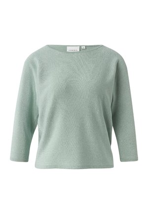 Miętowa bluzka z rękawami do łokcia, wykonana z teksturowanej, lekkiej tkaniny o luźnym kroju i szerokim dekolcie. Prosty design, bez widocznych wzorów.