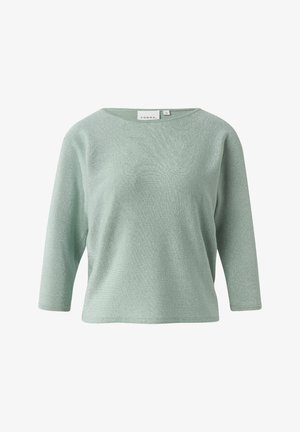 Miętowa bluzka z rękawami do łokcia, wykonana z teksturowanej, lekkiej tkaniny o luźnym kroju i szerokim dekolcie. Prosty design, bez widocznych wzorów.