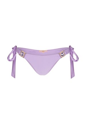 Lilac bikini bottom with tie sides, features decorative gold-tone hardware and a central gem accent. Smooth, stretchy fabric texture.