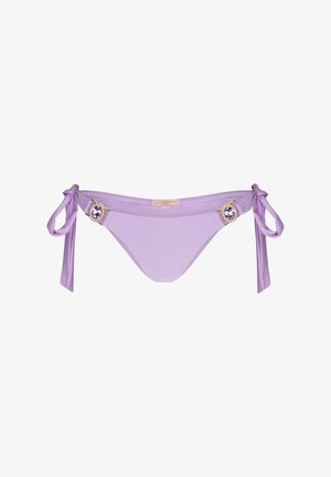 Lilac bikini bottom with tie sides, features decorative gold-tone hardware and a central gem accent. Smooth, stretchy fabric texture.