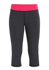 Černé capri legíny s jednobarevným růžovým páskem, vyrobené z pružné látky, s hladkým povrchem a kontrastními švy.
