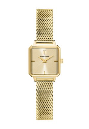 Nelikulmionmuotoinen kulta sävyinen rannekello, jossa on verkkopinnoitettu ranneke, minimalistinen kellotaulu ja Pierre Lannier -logo kellotaulussa.