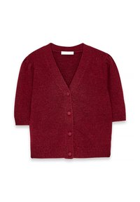 Červený krátky cardigan s V-výstrihom, textúrovaný pletený materiál a päť okrúhlych gombíkov vpredu. Rovnako farebný po celom povrchu.