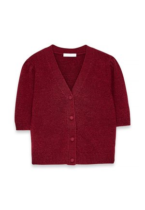Cardigan corto rojo de manga corta con escote en V, material de punto texturizado, y cinco botones redondos en el frente. Color uniforme en toda la prenda.