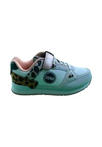 Sneaker grigio chiaro con accenti verdi e fodera rosa. Presenta una fascia con stampa leopardata e un logo circolare sul lato. Chiusura in velcro.