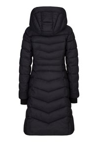 Zwarte pufferjas met een capuchon, met een chevron-quiltontwerp, lange mouwen en ribgebreide manchetten. Soepele textuur, lengte tot halverwege de bovenbenen.