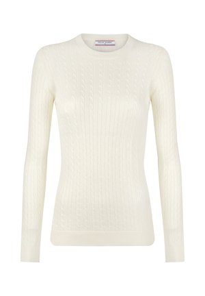 Kremowy sweter z długim rękawem o strukturze warkocza, z okrągłym dekoltem, ściągaczem na dole i przy mankietach, marki Felix Hardy.