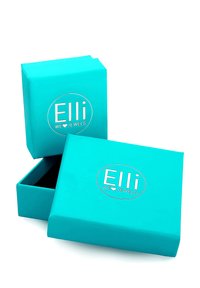 Türkiissinine ehtekarp sileda pinnaga, millel on metallist logo, mis ütleb "Elli WE ♥ JEWELS", osaliselt avatud eraldi kaanega.
