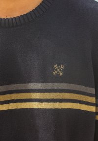 Pull en tricot navy avec col côtelé, orné de rayures horizontales gris et or. Petit motif brodé sur le devant.