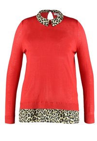 Pull rouge avec un col et un bas imprimé léopard. Manches longues et détail au dos avec ouverture en goutte. Texture de tissu lisse.