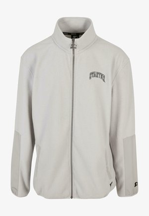 Light grey fleece jacket with high collar, zip front, embroidered "STARTER" logo, and pocket accents in a darker grey. Soft texture.
