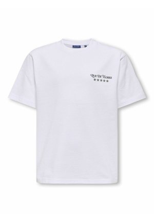 White short-sleeve crew neck t-shirt with "Rue De Flores" text and five stars printed in black on the upper left chest.