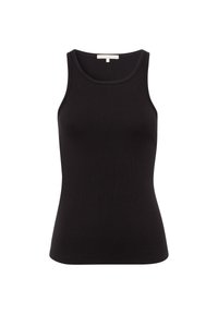 Top sin mangas de canalé negro con escote redondeado. Ajustado al cuerpo. Textura suave, diseñado para un uso casual.