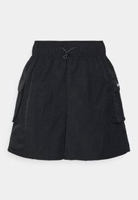 Black cargo shorts with elastic waistband and drawstring, featuring two flap pockets on the sides and a small white logo on the right pocket.
