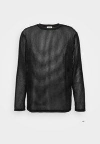 Svart långärmad topp med rutmönster, tillverkad av lätt och genomskinligt material. Rundad halsringning och rak nederkant.