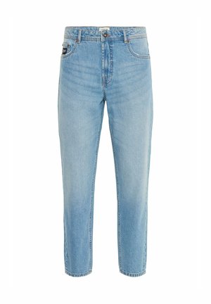 Jeans in denim azzurro chiaro con vestibilità dritta, cinque tasche, chiusura frontale con bottone e leggero sbiadimento. Orlo finito con taglio netto.